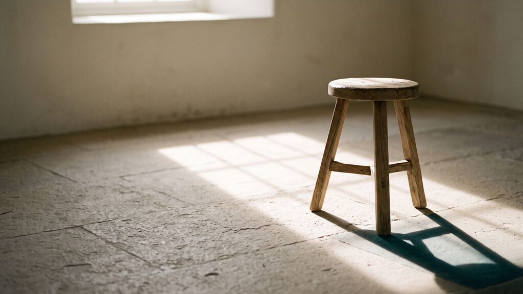 A wooden stool in a bare room with afternoon sunlight from a high window