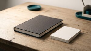 A dark hardback book beside a stack of blank index cards on a wooden desk