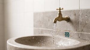 Water running from a brass tap into a round stone washbasin