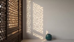 Sunlight through a carved wooden lattice screen casting patterns on a plaster wall