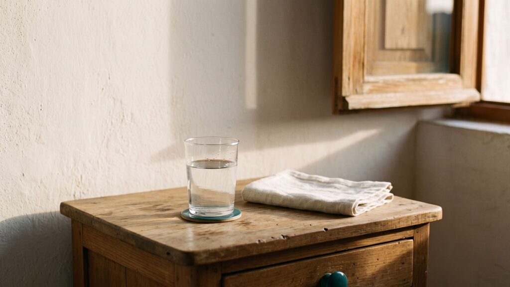 A glass of water and a folded cloth on a small wooden table beside a window