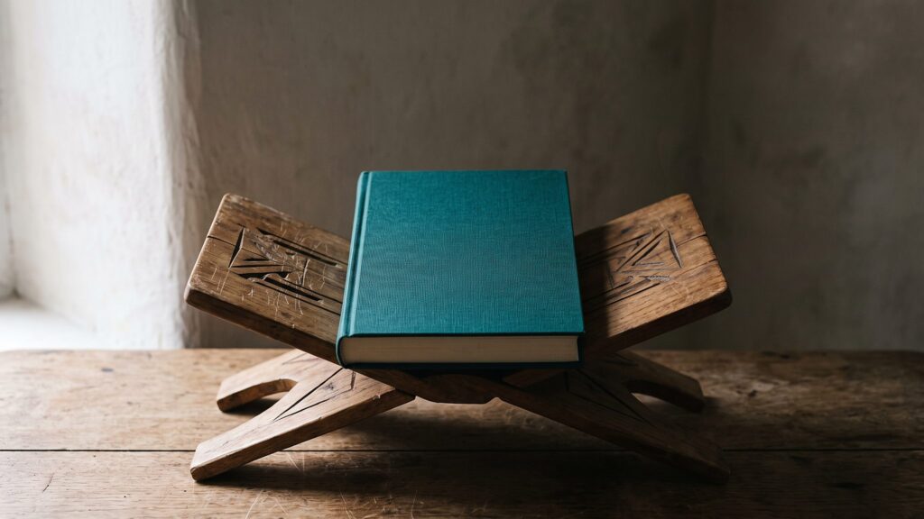 A teal book resting on a carved wooden stand in a plastered wall niche