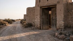A weathered stone gateway on a dirt road at the edge of a desert town