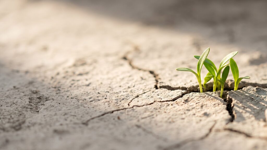 Green seedlings growing through a crack in dry cracked earth