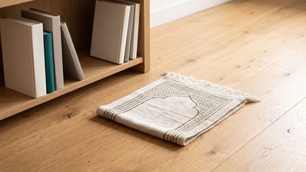 A small prayer rug on a wooden floor beside a low bookshelf